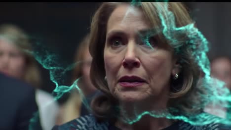 an emotional moment of realization captured in two frames: a woman faces unseen forces in a tense gathering, her expressions conveying fear and uncertainty