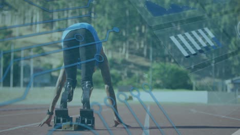 animation of digital data over african american disabled man training with running blade