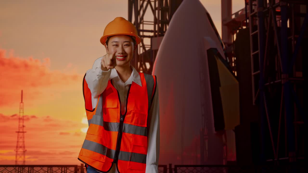 ingeniera mujer apuntando al atardecer del lanzamiento del cohete