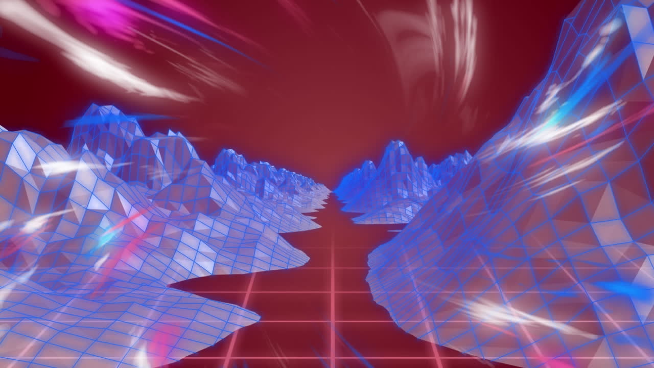 animación del paisaje digital sobre coloridas luces brillantes giratorias