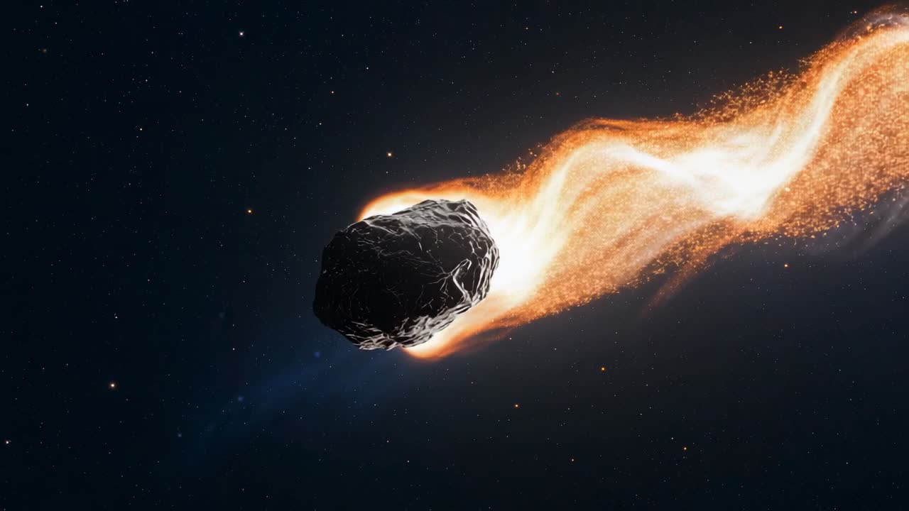 Accelerating rocky meteor heating in space forming glowing gas-dust trail and swirling fiery plume