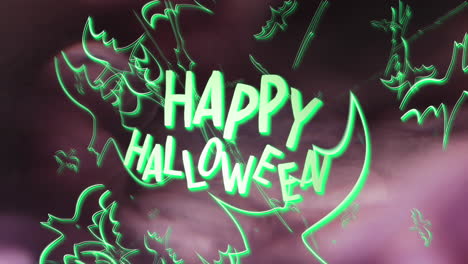 animation of happy halloween text and green ghosts pink background