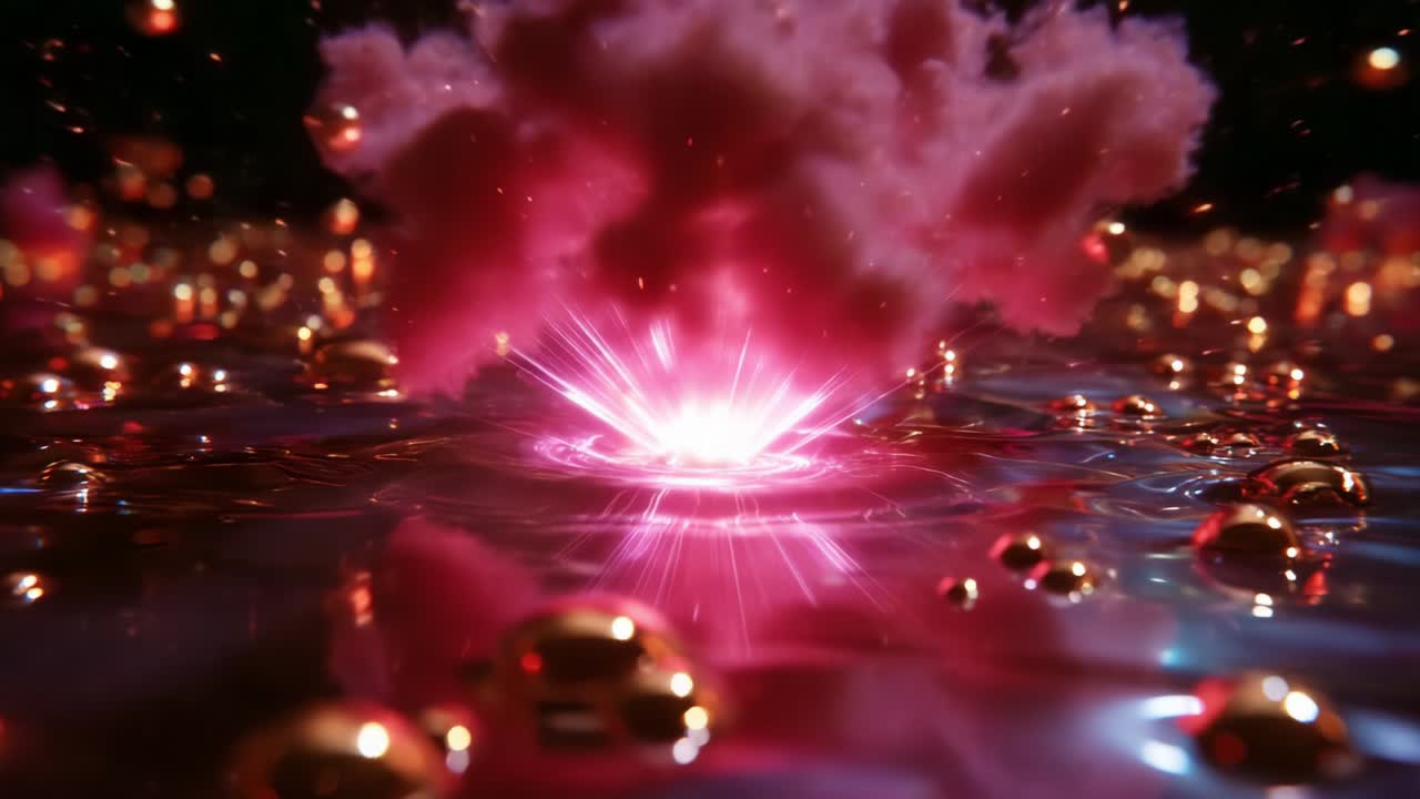A mesmerizing display of dynamic colors and textures emerges from a vibrant explosion, illuminating the surface of water while golden spherical elements float around the captivating scene, creating a breathtaking visual experience