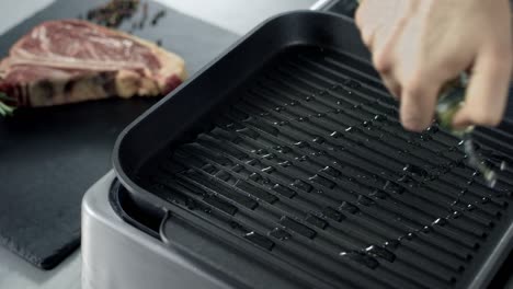 chef starting to cook meat at griddle. closeup hands putting greenery at grill.