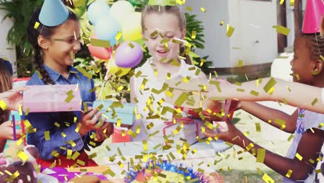 Animation-of-gold-confetti-over-diverse-happy-children-giving-girl-presents-at-party