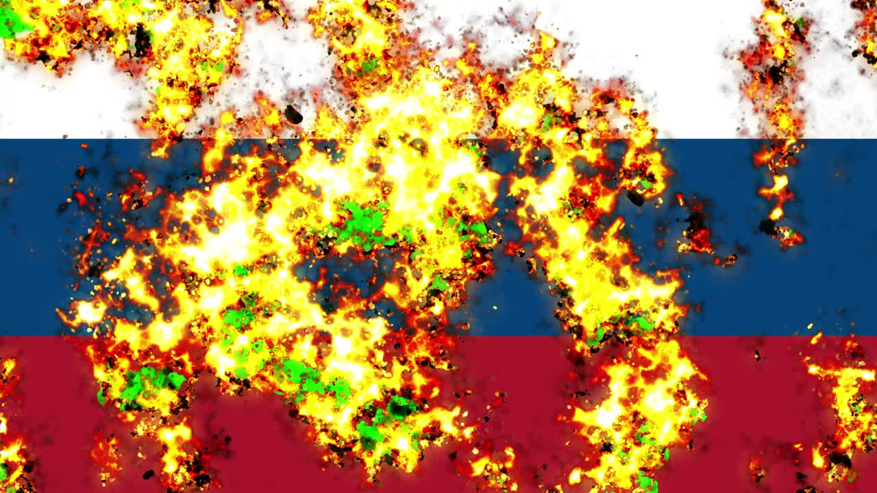 bandera de rusia en el fuego animación de quema