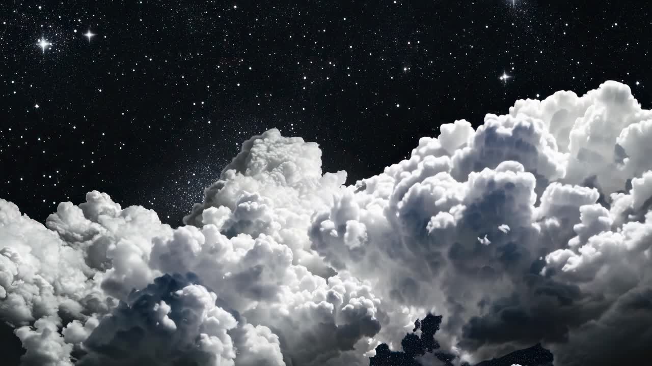 A dramatic video scene of towering clouds against a starry night sky, captured from a low angle