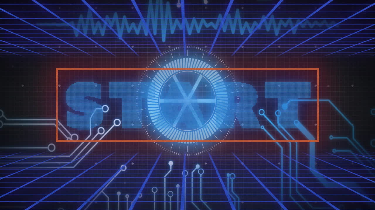 Circuit patterns with START text in blue on futuristic digital animation interface