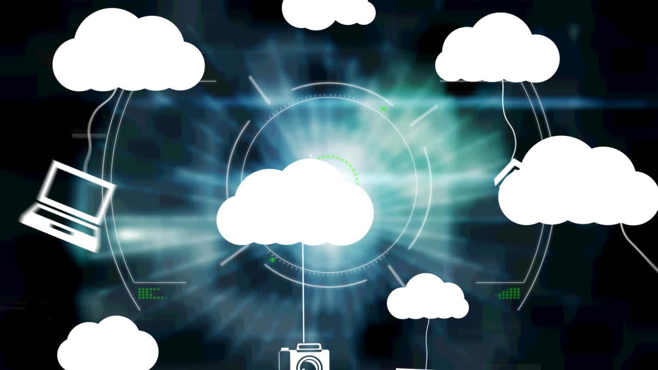 animación de nubes e iconos digitales sobre el escaneo de alcance en segundo plano