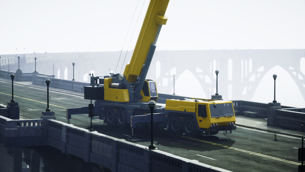 Heavy machinery performing maintenance work on a bridge during cloudy weather