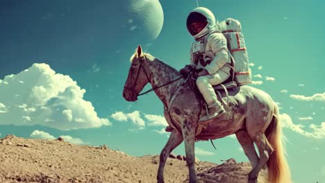 a man in an astronaut suit riding a horse on a desert landscape