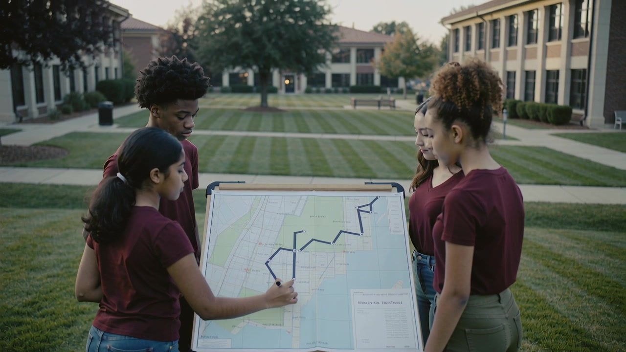 Picking up marker, female tracing route on campus quad map, planning route, maroon shirts watching