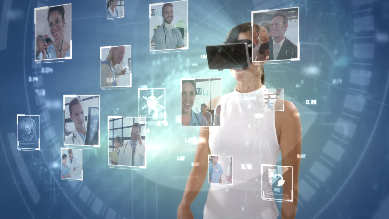 mujer de negocios con auriculares de realidad virtual