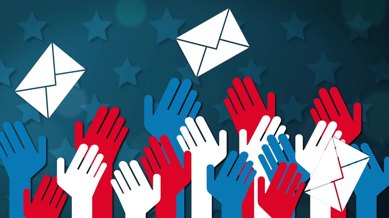 Multiple envelope icons and hands against stars on blue background