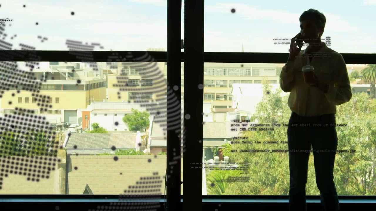 Woman putting phone to ear, pacing by window, globe decal and data dots supporting business call