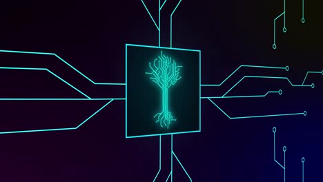 Animation of integrated circuit and digital tree on black background