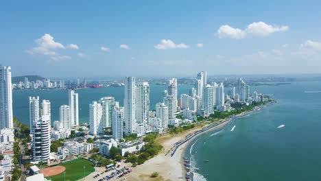 wide angle drone shot of the cartagena peninsula cityscape, colombia