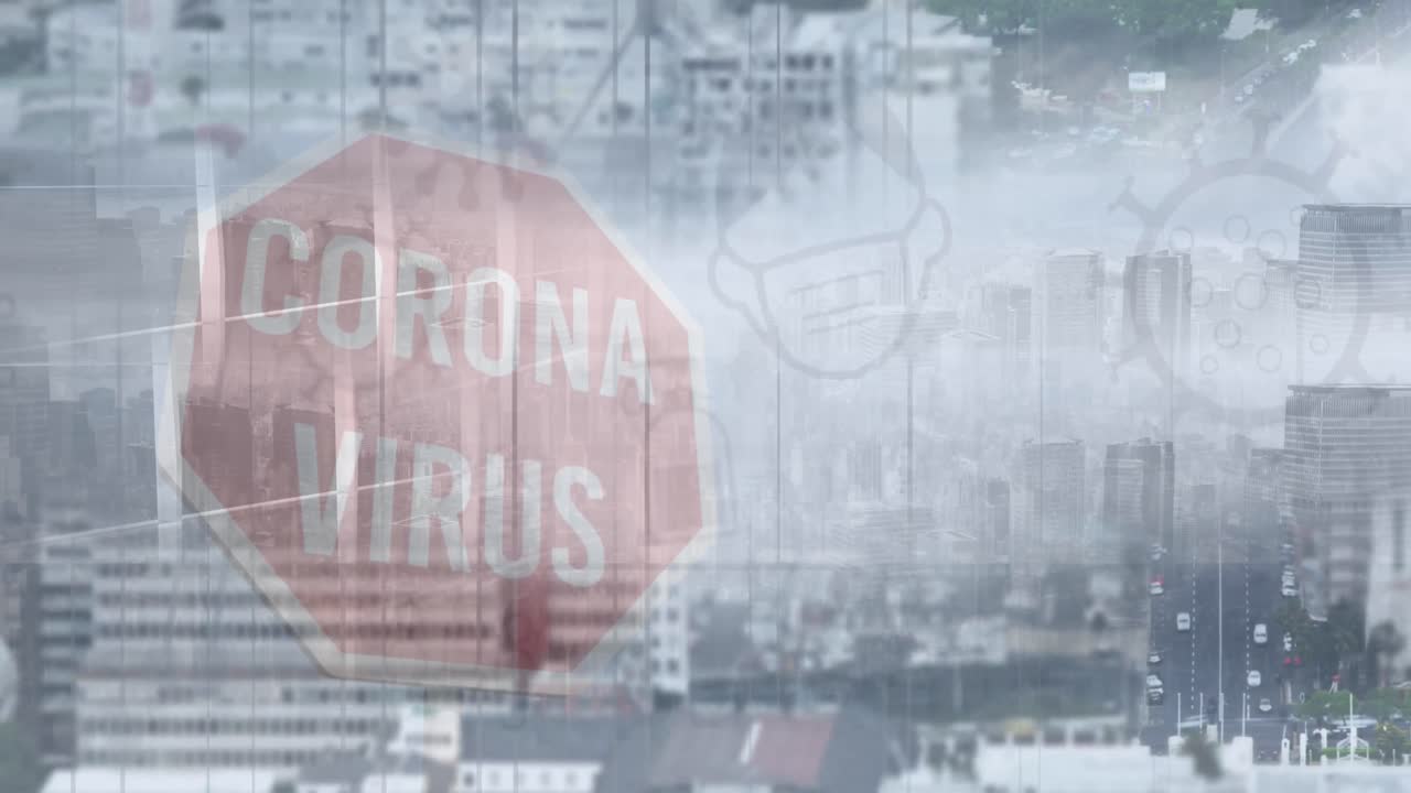 도시 풍경 위의 코로나 바이러스 금지 표지판의 애니메이션