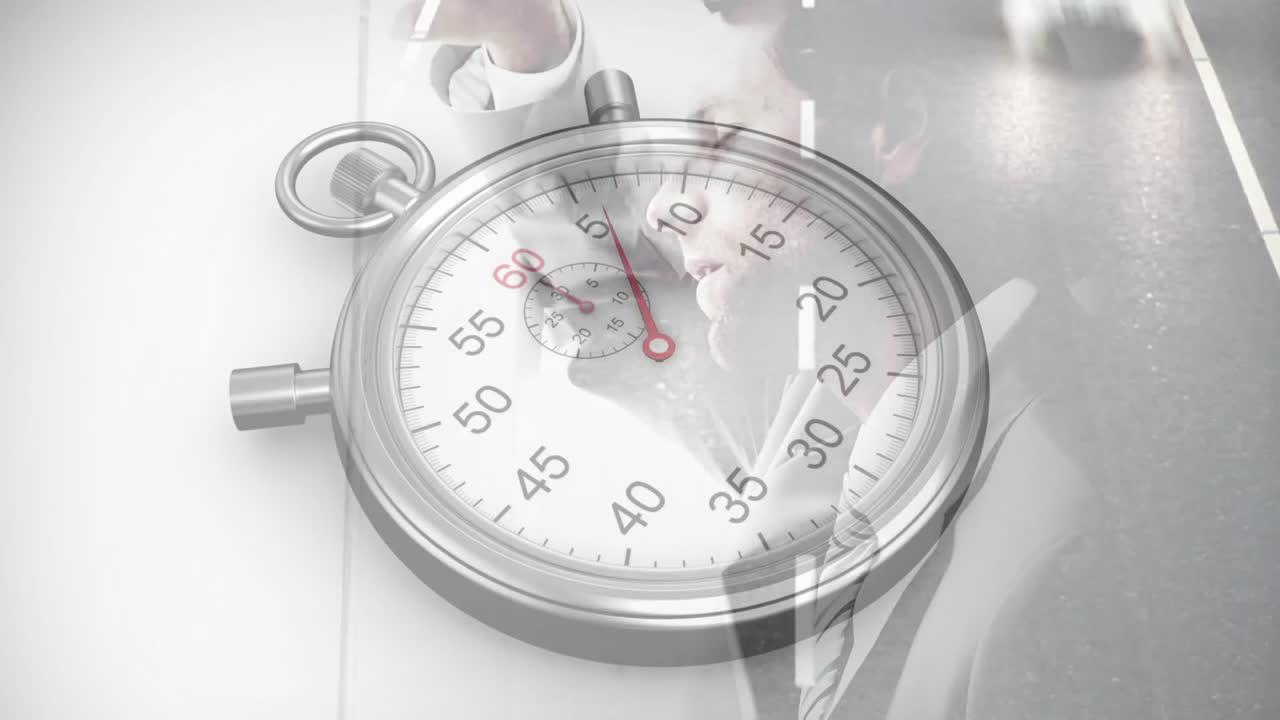 Animation of moving timer over thoughtful caucasian man and cars