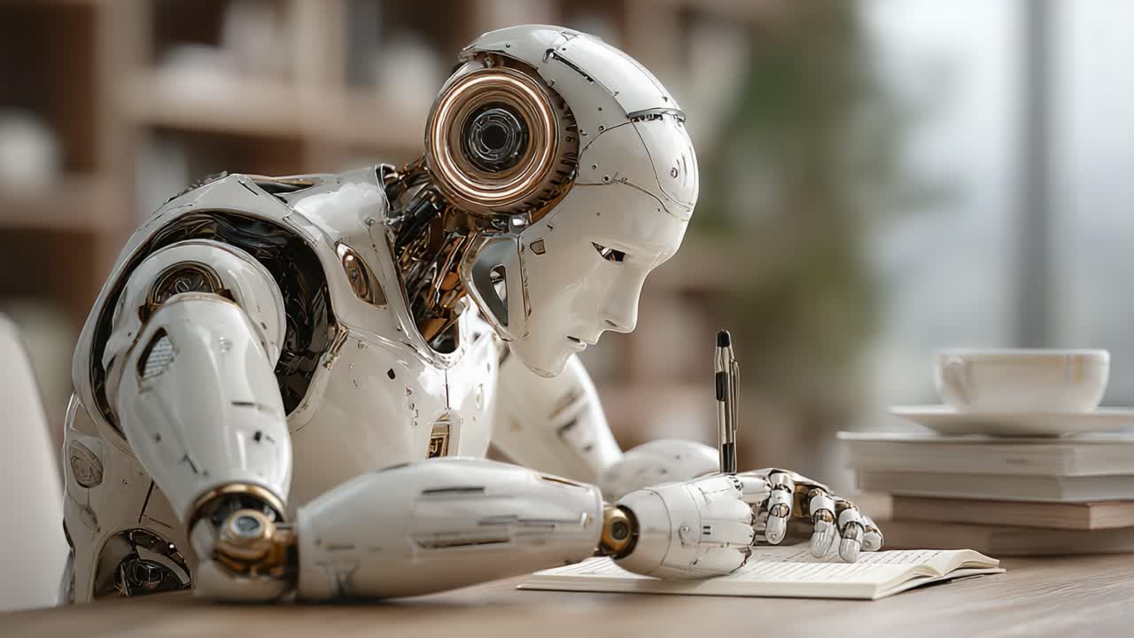 Un robot umanoide futuristico situato in un ambiente accogliente, profondamente impegnato a scrivere appunti su carta, che riflette l'intersezione tra tecnologia e creatività
