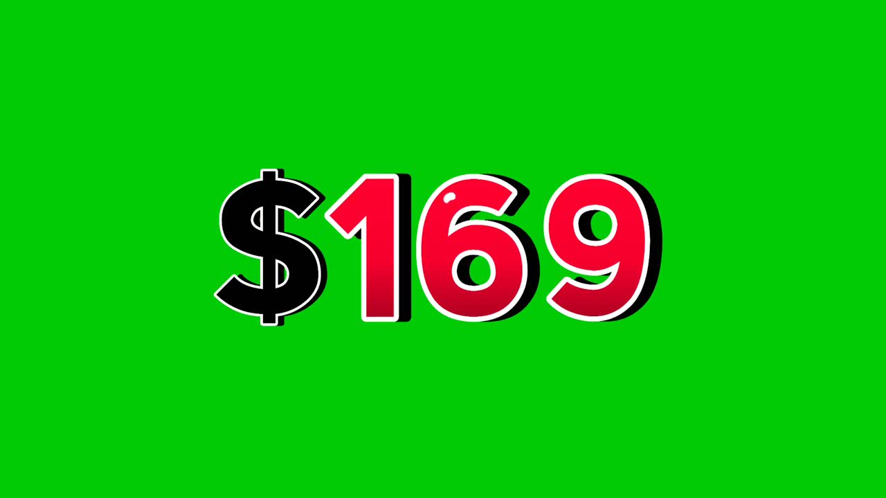 Animation number $169 dollar sign motion graphics with smoke effect green screen background vibrant red numbers. Video 3D effect with shadows for video elements business concept