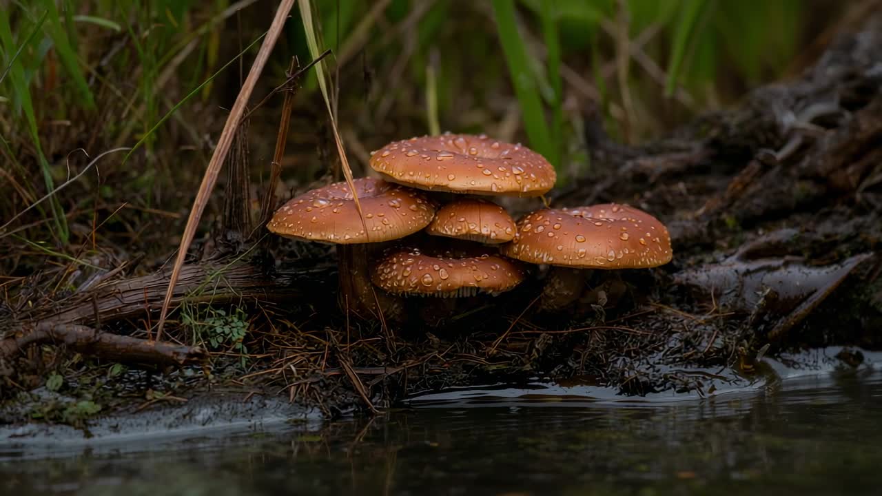 Kamera laajentaa kuvaa oranssinruskeista sienistä veden äärellä, paljastaen vesipisaroita ja ruohoa.