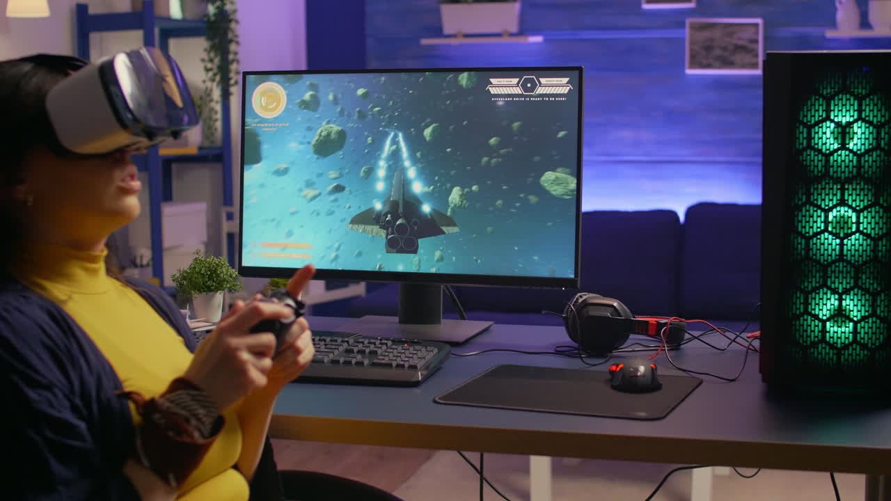mujer gamer perdiendo juegos de video de disparos espaciales