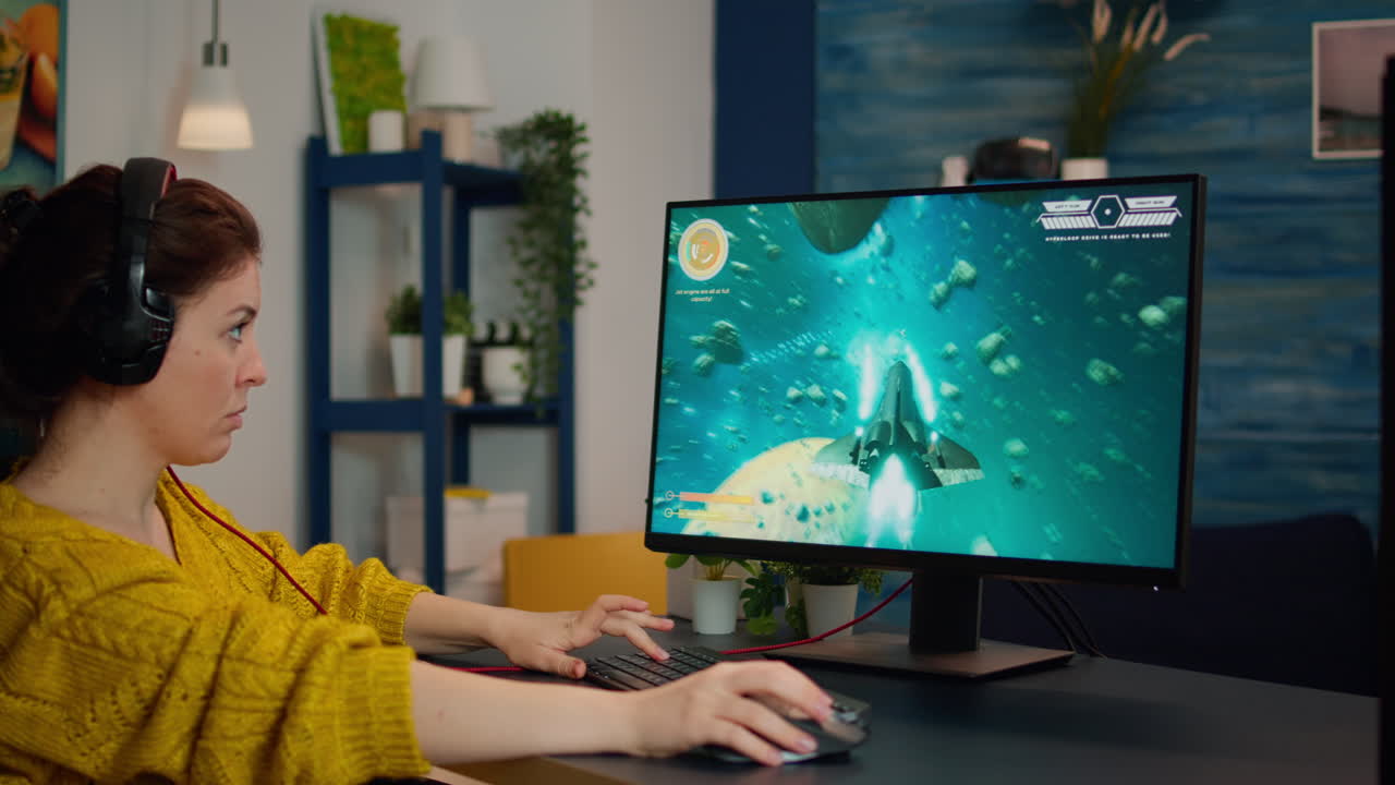 Concentrated gamer puting headset starting to play space shooter game