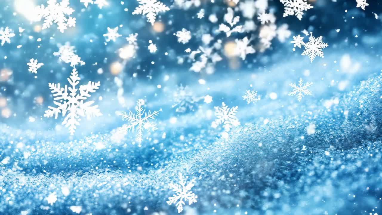 A blue sky with snowflakes falling on it. The snowflakes are small and scattered throughout the sky