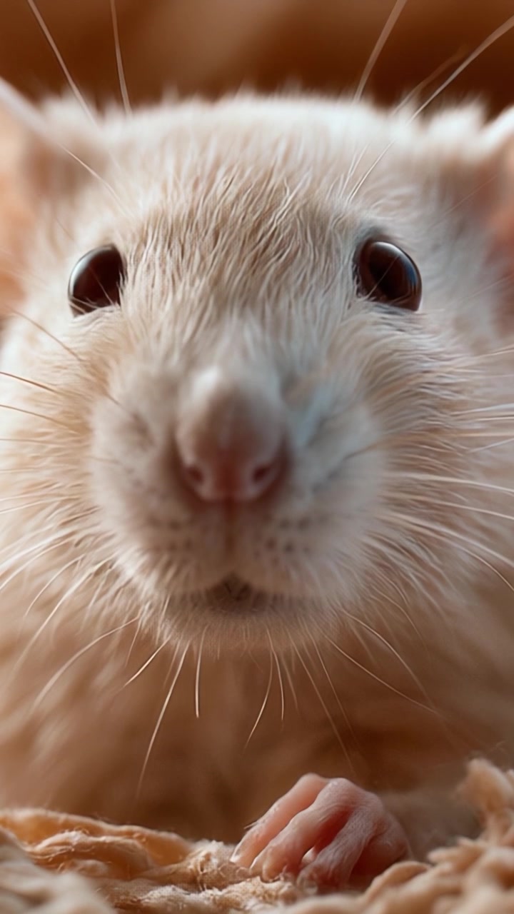Primo piano accattivante di un affascinante ratto bianco, che mostra le sue adorabili caratteristiche e l'espressione giocosa in un ambiente accogliente.