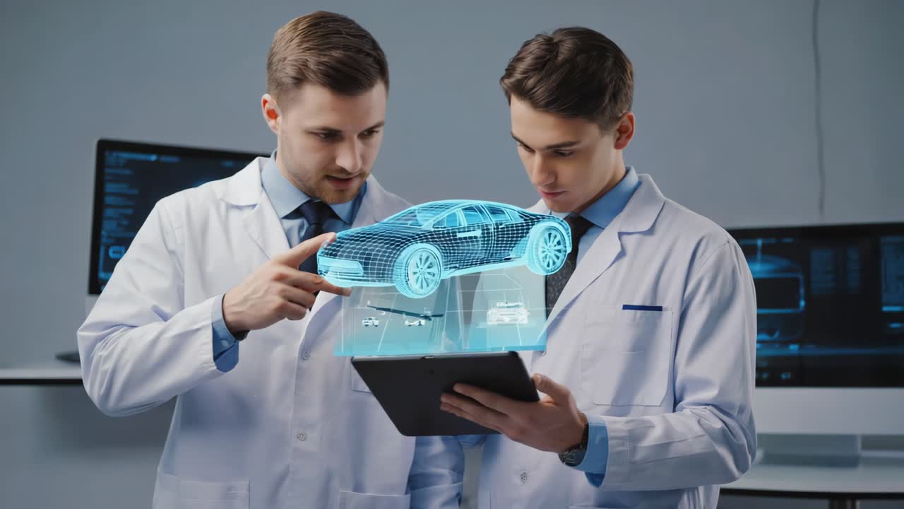Engineers Collaborating on Holographic Car Design with Augmented Reality