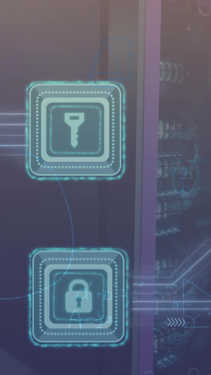 Animation of security padlock and key icon with microprocessor connections computer server room
