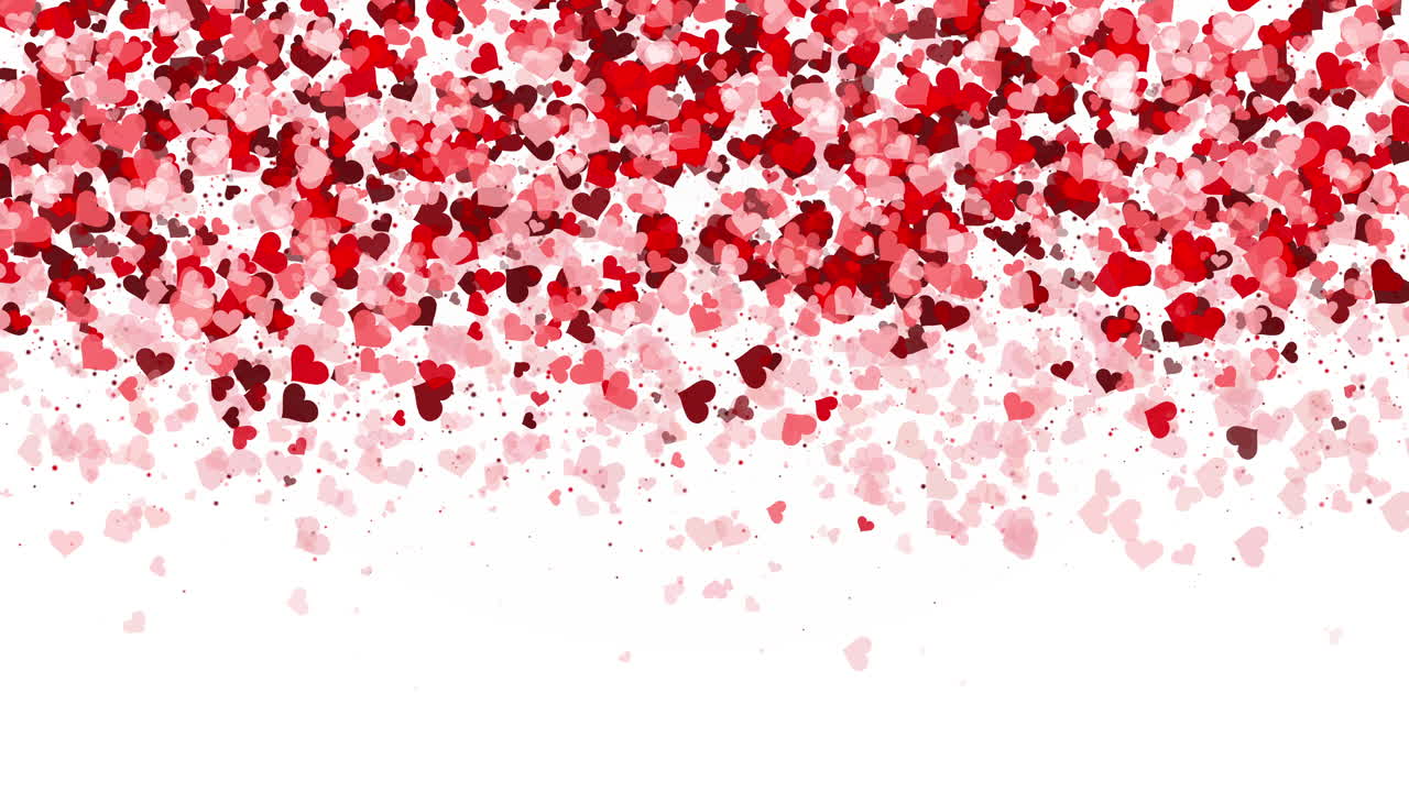 Happy Valentine's day animation card. Falling small red hearts. Flickering particles of festive romantic confetti. Copy space. Looped motion graphics.