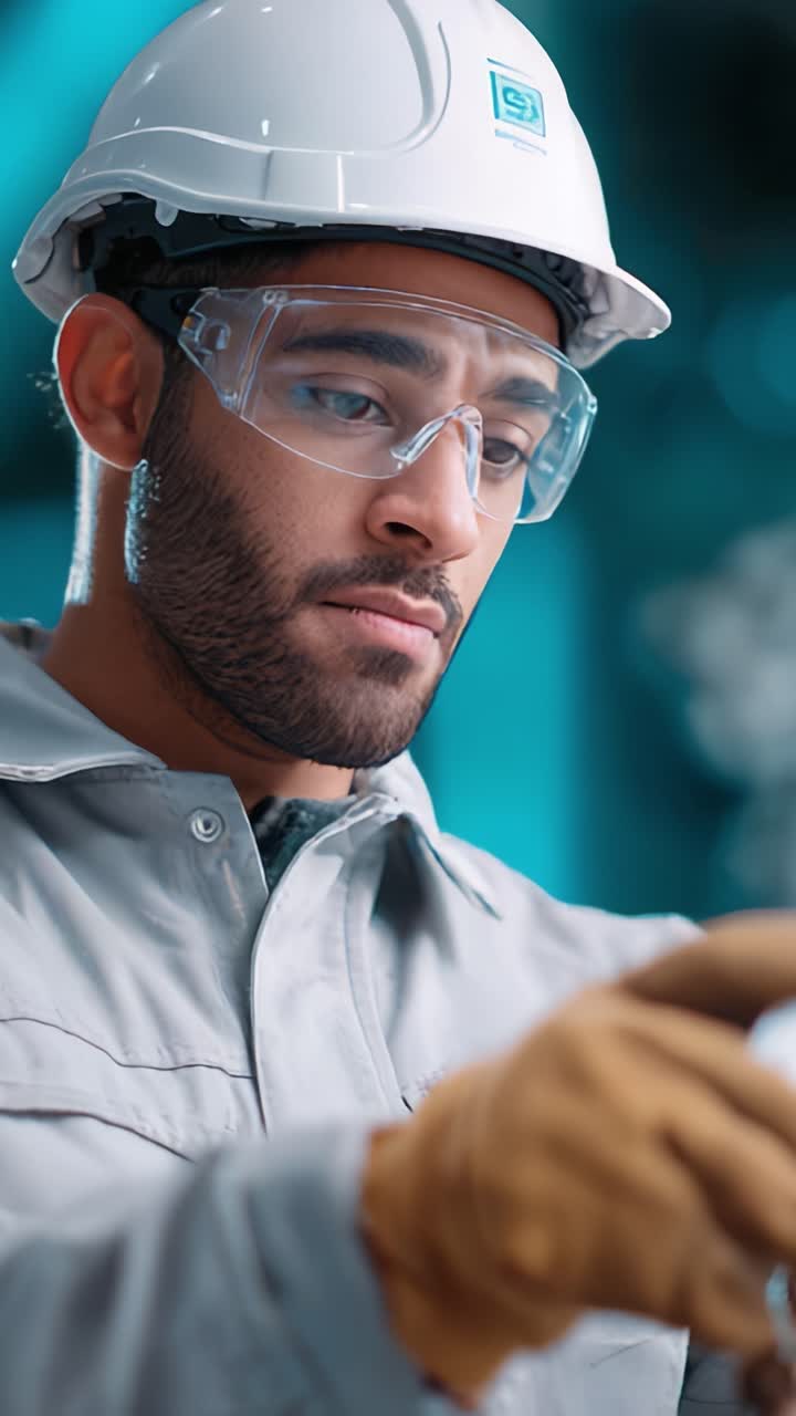 Focused Worker in Safety Gear Analyzing Objects in a Professional Environment with High Standards of Safety and Attention to Detail in a Manufacturing Setting