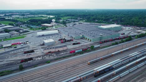 Orbiting-aerial-of-railroad-terminal-in-Homewood-Illinois-USA