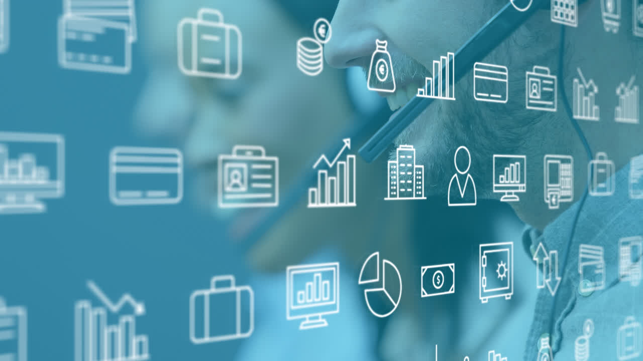 animación de iconos en línea sobre diversas personas de negocios que usan auriculares de teléfono