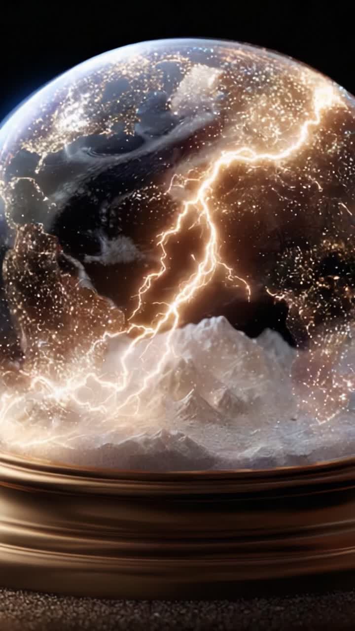 Captivating Snow Globe Encompassing a Luminous Earth Surrounded by Fiery Lightning, Showcasing a Dazzling Display of Lights Against a Pristine Snowy Mountain Landscape Inside a Glass Sphere