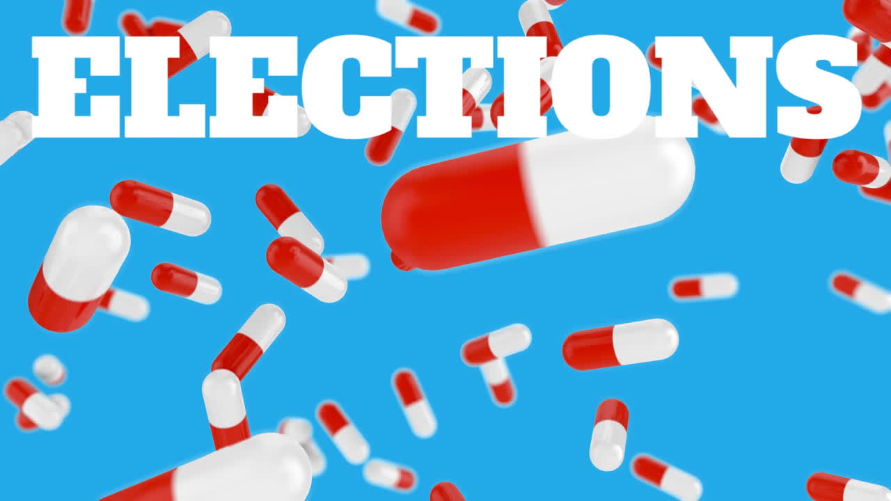 파란색 배경에 있는 알약 위의 선거 텍스트의 애니메이션.