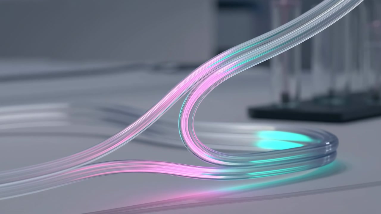 Close-up of translucent flexible tubing forming tightly curved loop near center-right on smooth tabletop, inner core glowing in pastel magenta and cyan-teal