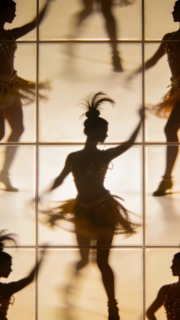 Video verticale: Ballerino principale che esegue passi su una griglia retroilluminata, seguendo un segnale luminoso per il palco, adornato con nappe.