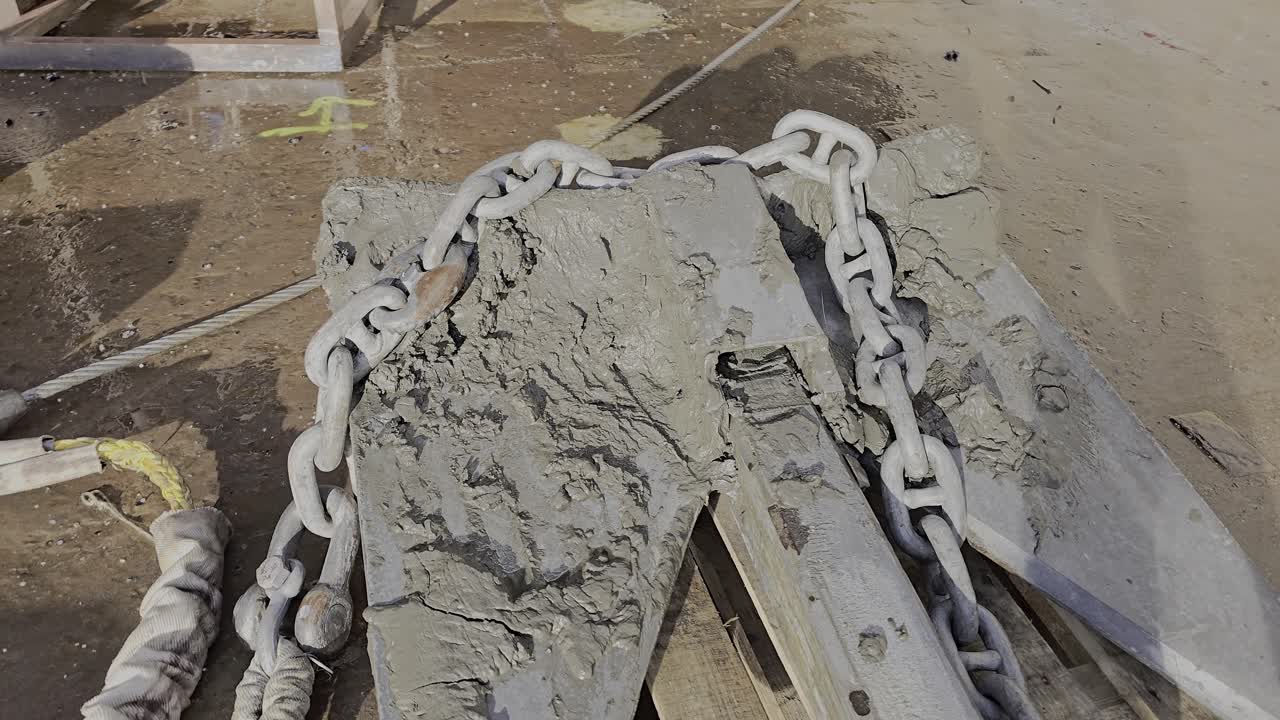 Large ships anchor on pallet in shipyard, encrusted with mud and debris, awaiting cleaning.