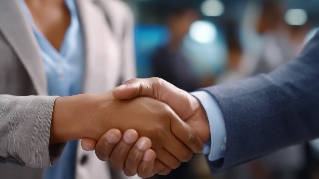 Two professionals engaging in a firm handshake that symbolizes agreement, collaboration, and the beginning of a strong business relationship in a professional setting