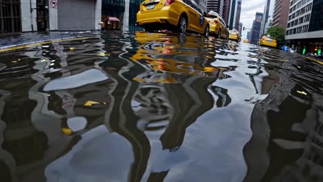 flooded city street with yellow cabs