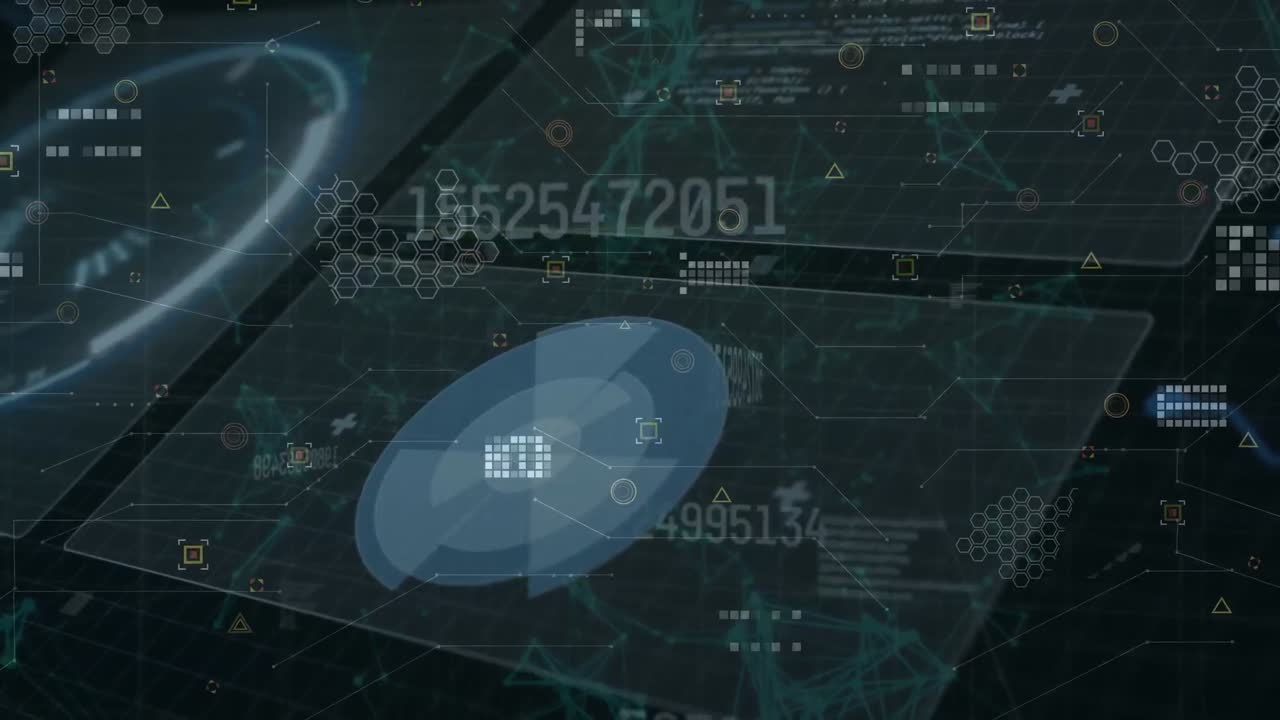 Animation of data, number and icons on black digital screen