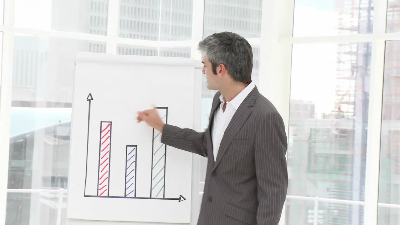 hombre de negocios caucásico presentando estadísticas