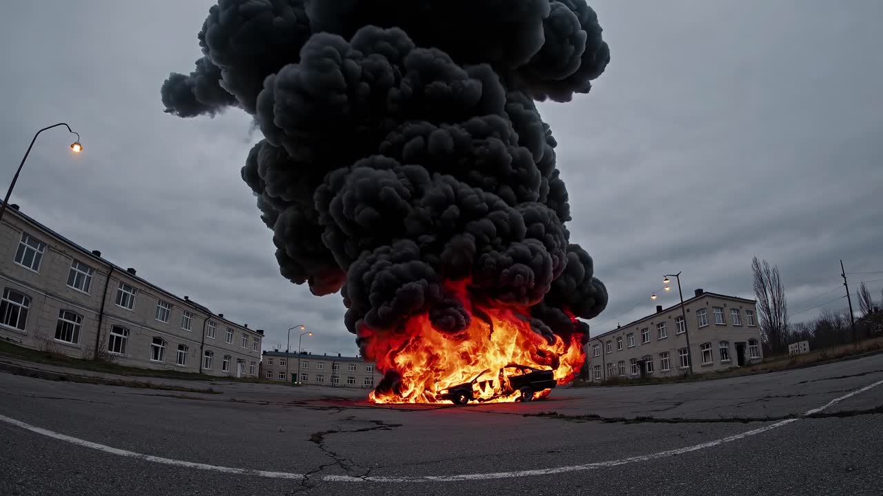 Dramatische Videoaufnahme aus der Untersicht eines in Flammen stehenden Autos, das dichten schwarzen Rauch ausstößt, Szenerie.
