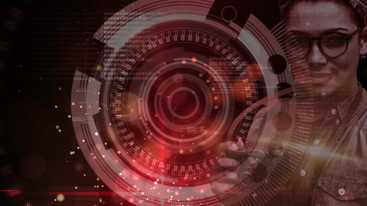 el retrato animado de una fotógrafa simboliza la creación de redes globales con puntos de luz roja.