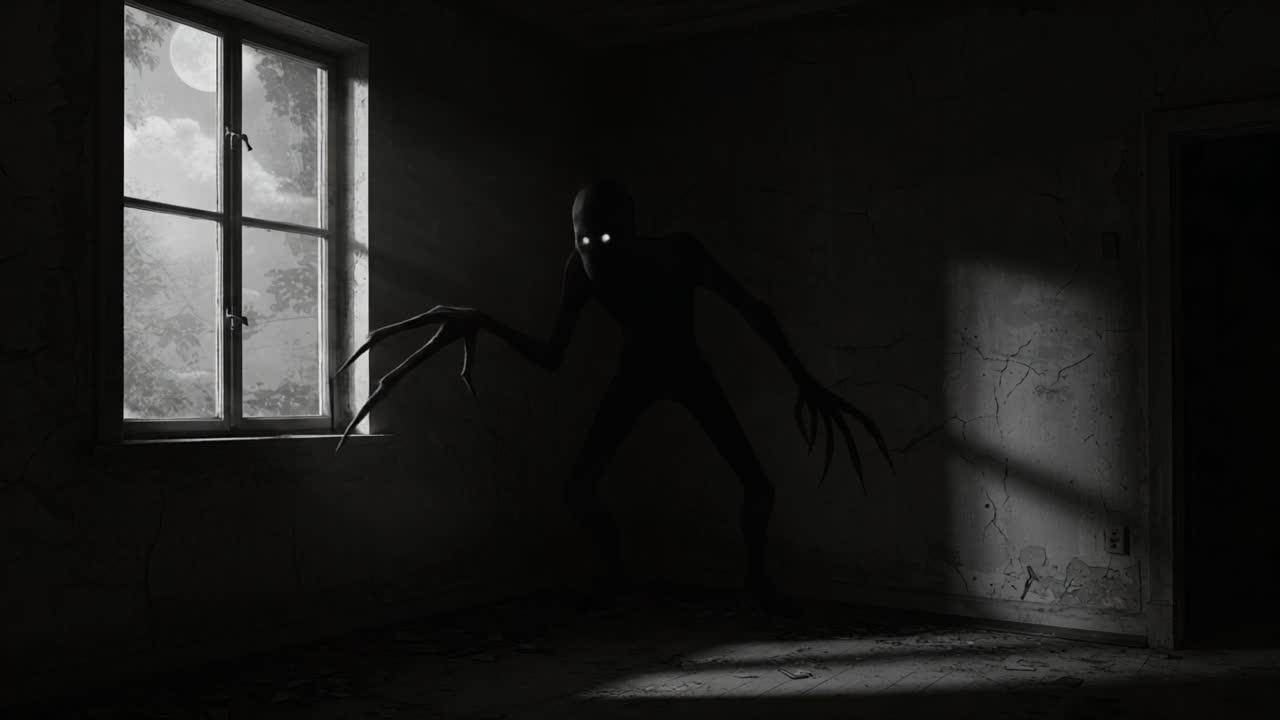 A Sinister Shadow Lurks in an Abandoned Room: A Sinister Figure with Long Clawed Hands Stands by a Dimly Lit Window, Encapsulating the Essence of Creepy Haunting