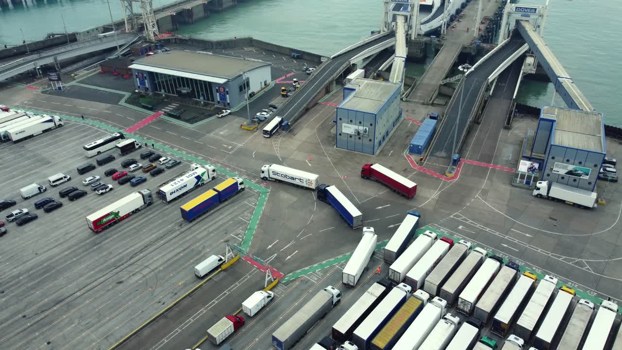 Aerial view of a port with trucks and ferries
