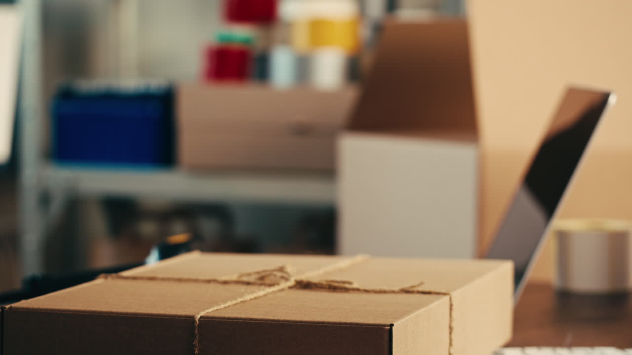 E-commerce storage shop, woman packing goods and clothes for second hand delivery market, dedicated Packaging and Shipping Workspace with Supplies and Technology for efficiency, online sales.